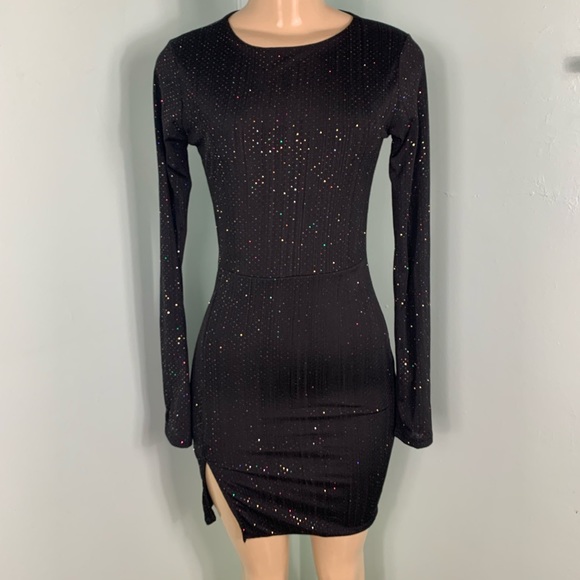 black glitter split leg bodycon dress